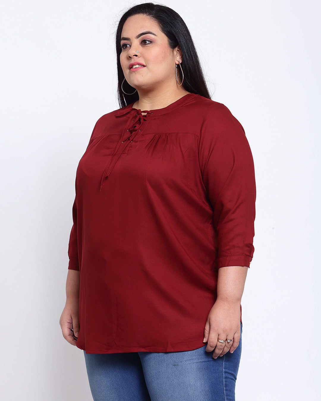 plusS Maroon Tie-Up Neck Regular Top