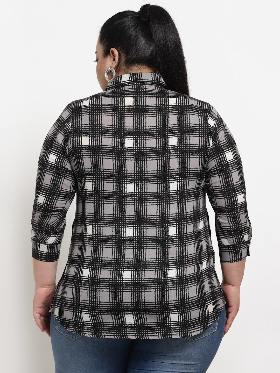 plusS Plus Size Black  White Checked Shirt Style Top