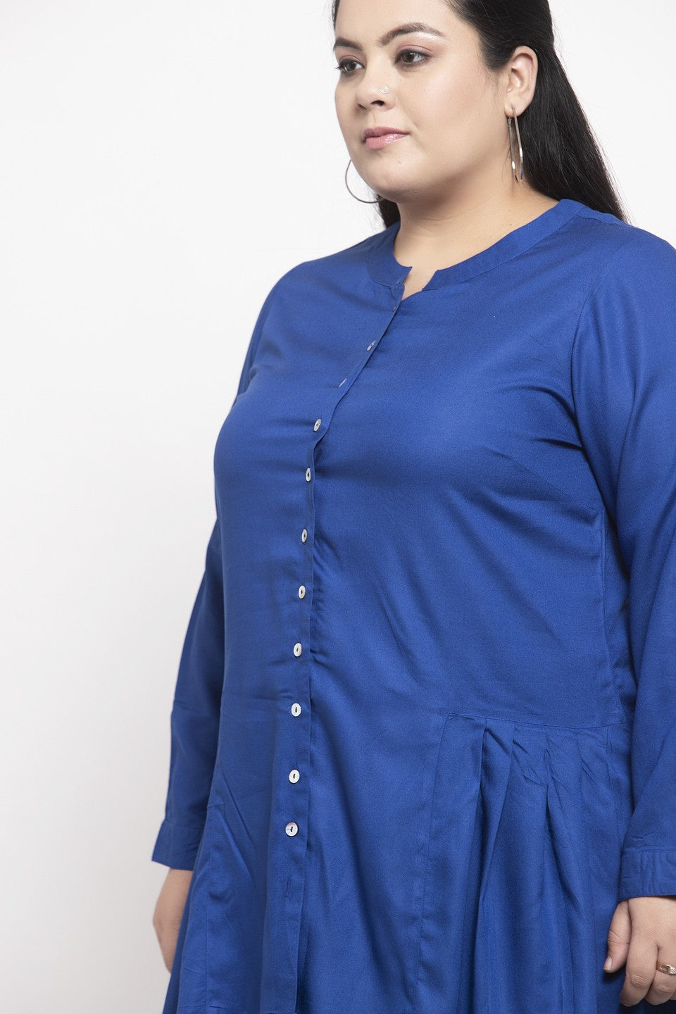 plusS Women Blue Solid A-Line Pure Cotton Top