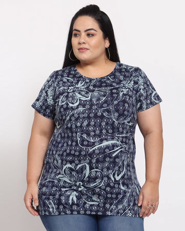 plusS Women Navy Blue Floral Printed T-shirt (Plus Size)