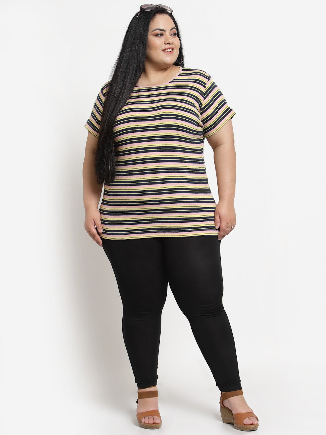 plusS Women Multicoloured Striped Cotton T-shirt