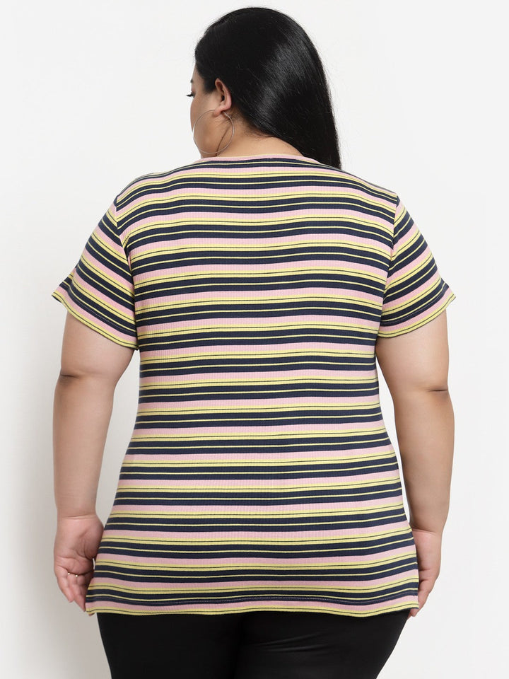 plusS Women Multicoloured Striped Cotton T-shirt