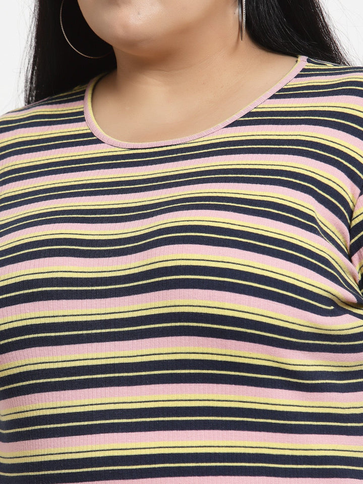 plusS Women Multicoloured Striped Cotton T-shirt