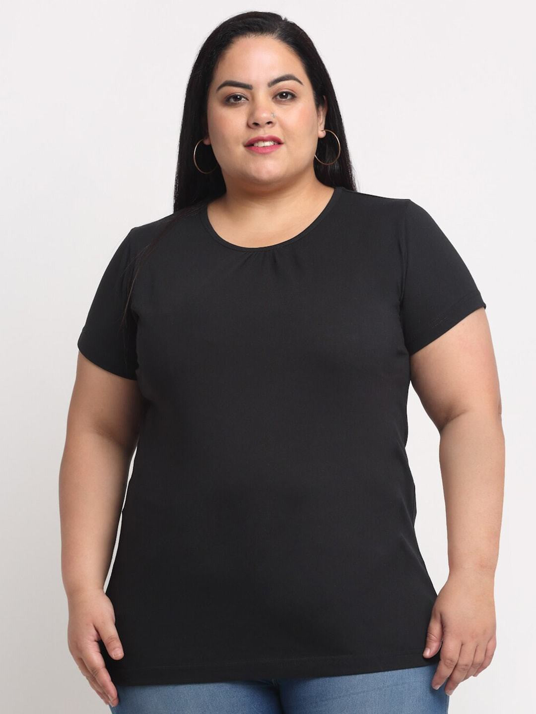 plusS Women Black Solid Regular Fit Cotton Plus Size T-shirt