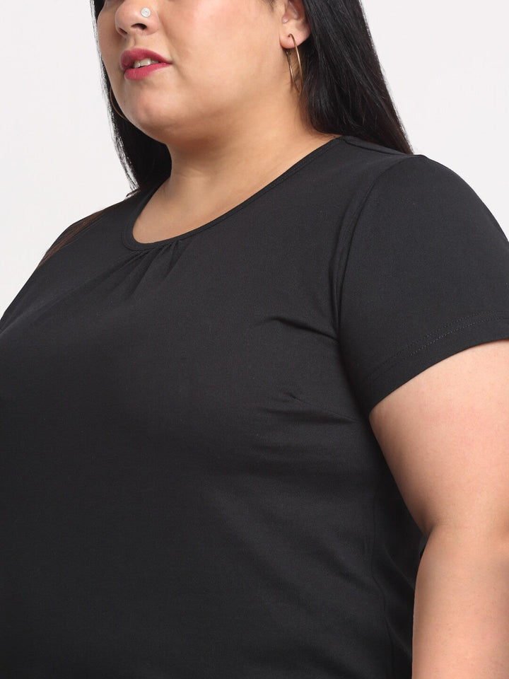 plusS Women Black Solid Regular Fit Cotton Plus Size T-shirt