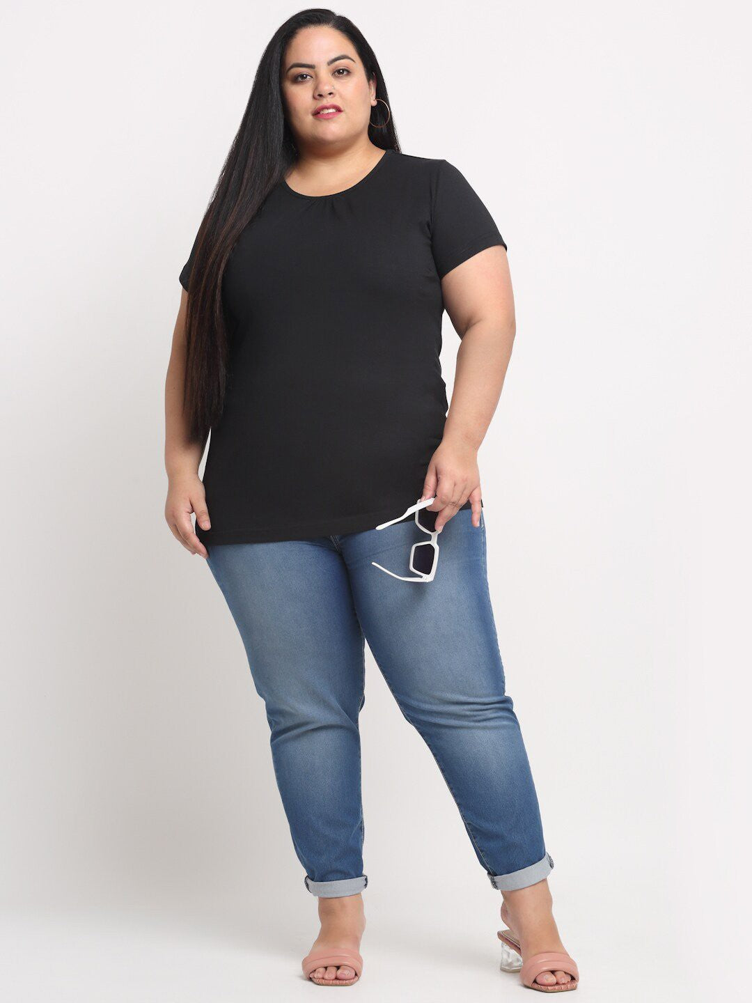 plusS Women Black Solid Regular Fit Cotton Plus Size T-shirt
