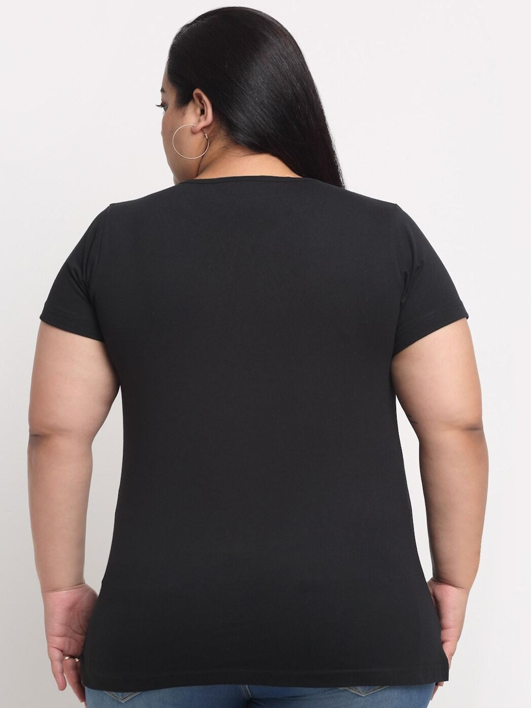 plusS Women Black Solid Regular Fit Cotton Plus Size T-shirt