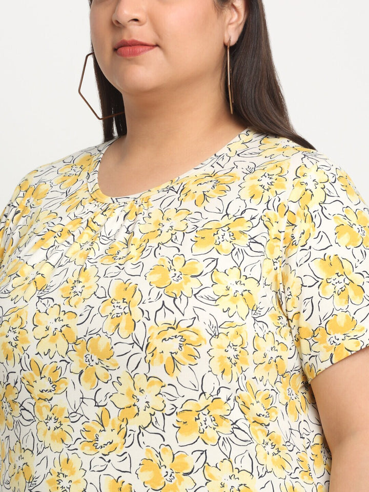 plusS Floral Printed Round Neck Cotton Longline T-shirt