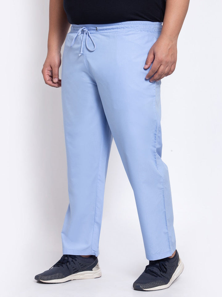 plusS Men Blue Solid Straight-Fit Cotton Track Pants