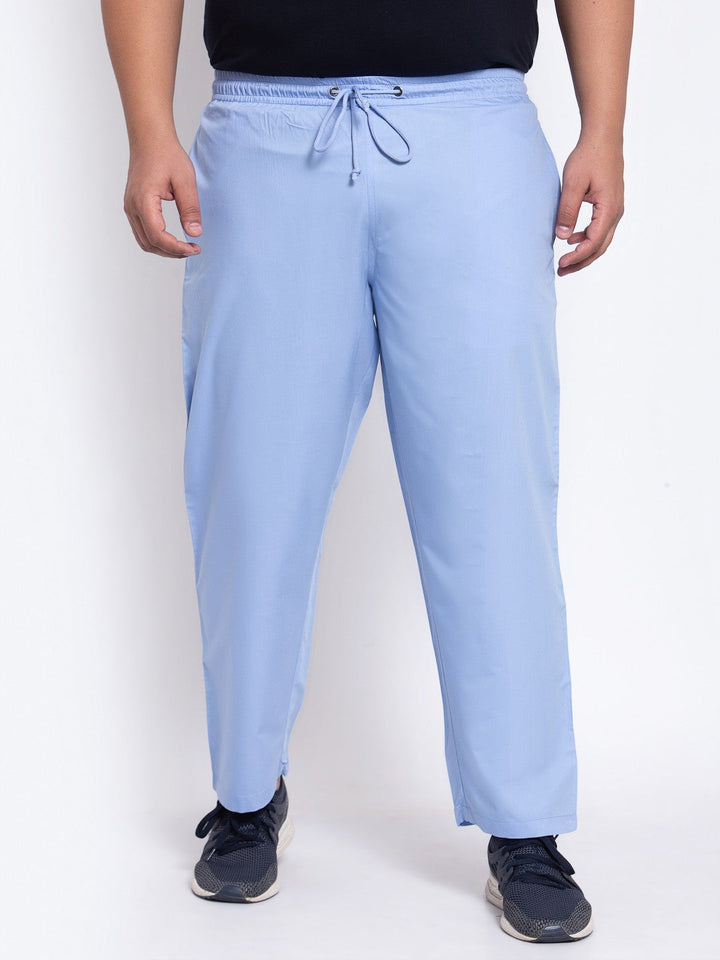 plusS Men Blue Solid Straight-Fit Cotton Track Pants