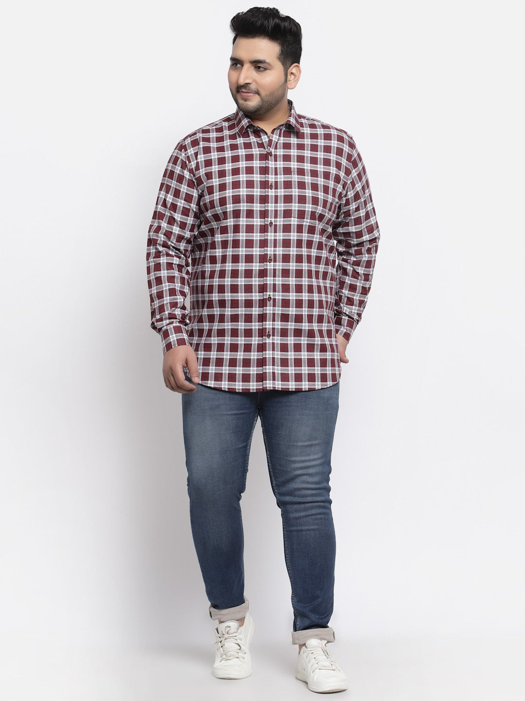 plusS Men Maroon Gingham Checked Casual Shirt