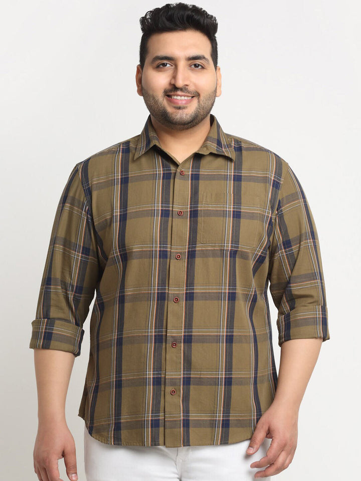 plusS Men Tartan Checked Casual Cotton Shirt