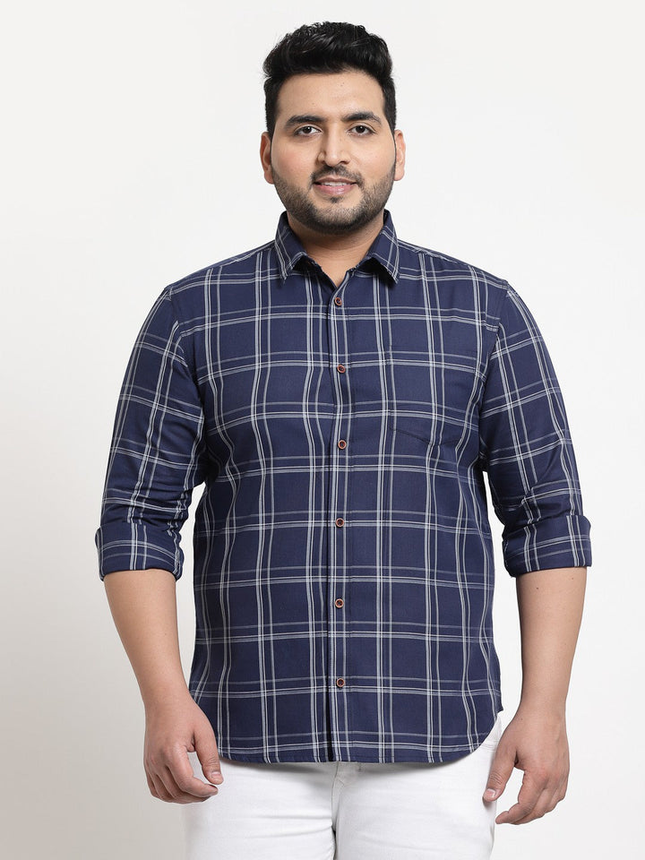 plusS Men Plus Size Navy Blue Windowpane Checked Casual Shirt