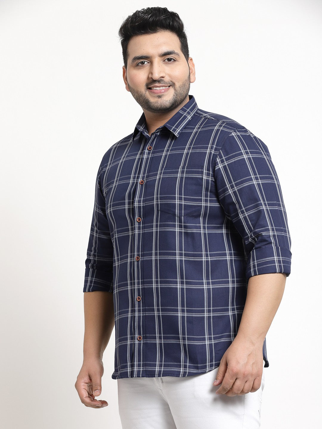 plusS Men Plus Size Navy Blue Windowpane Checked Casual Shirt