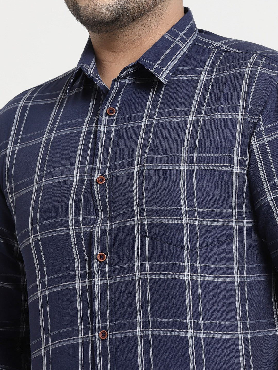 plusS Men Plus Size Navy Blue Windowpane Checked Casual Shirt