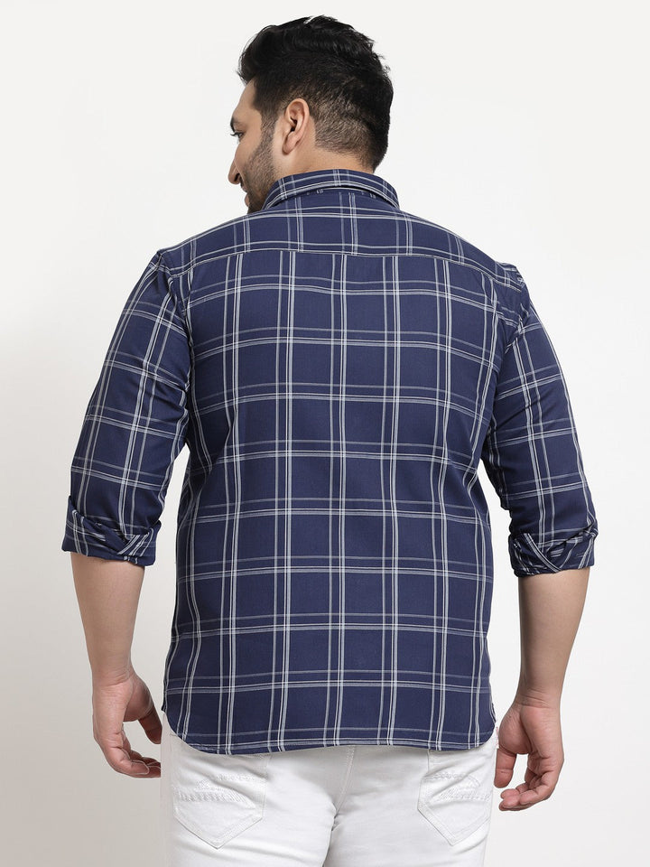 plusS Men Plus Size Navy Blue Windowpane Checked Casual Shirt