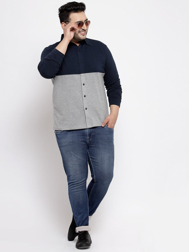 plusS Men Grey Melange  Navy Blue Regular Fit Knitted Colourblocked Casual Shirt