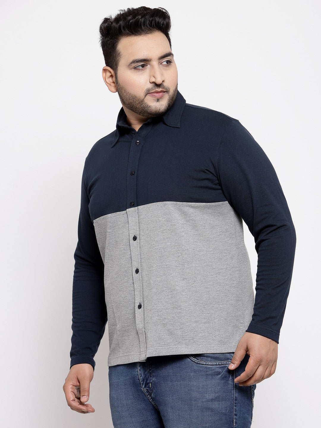 plusS Men Grey Melange  Navy Blue Regular Fit Knitted Colourblocked Casual Shirt