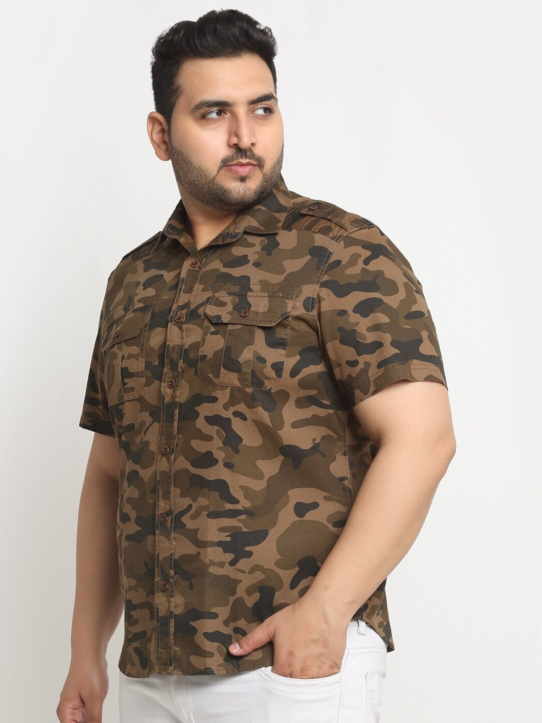 plusS Plus Size Brown Camouflage Printed Opaque Casual Shirt