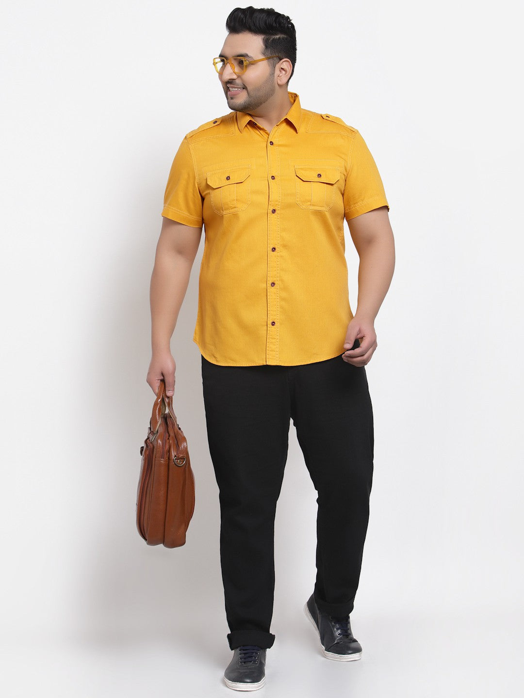 plusS Men Mustard Yellow Solid Regular Fit Cotton Casual Shirt