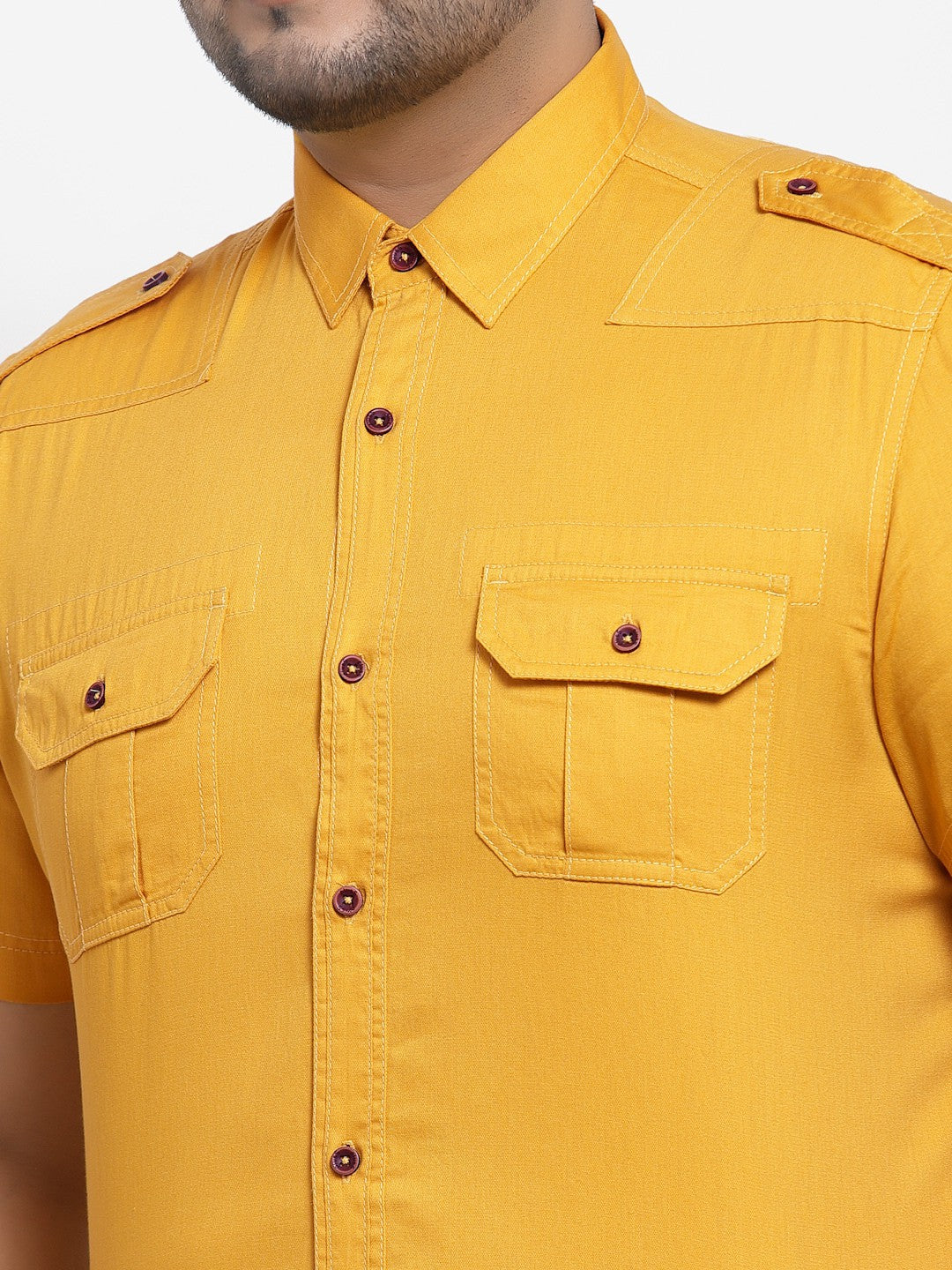 plusS Men Mustard Yellow Solid Regular Fit Cotton Casual Shirt