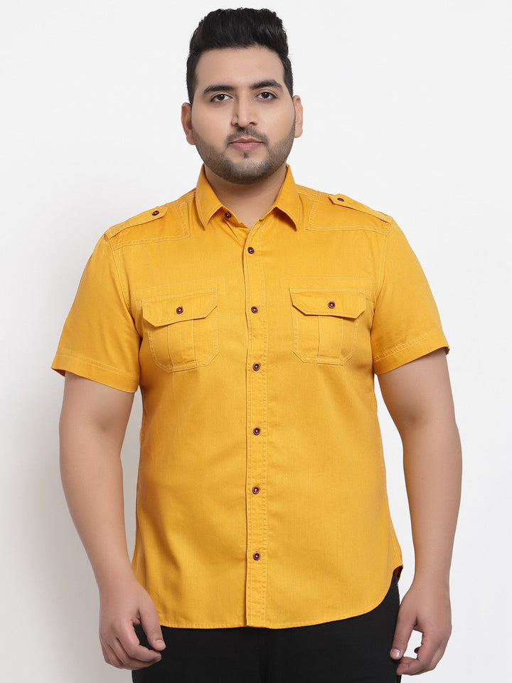 plusS Men Mustard Yellow Solid Regular Fit Cotton Casual Shirt