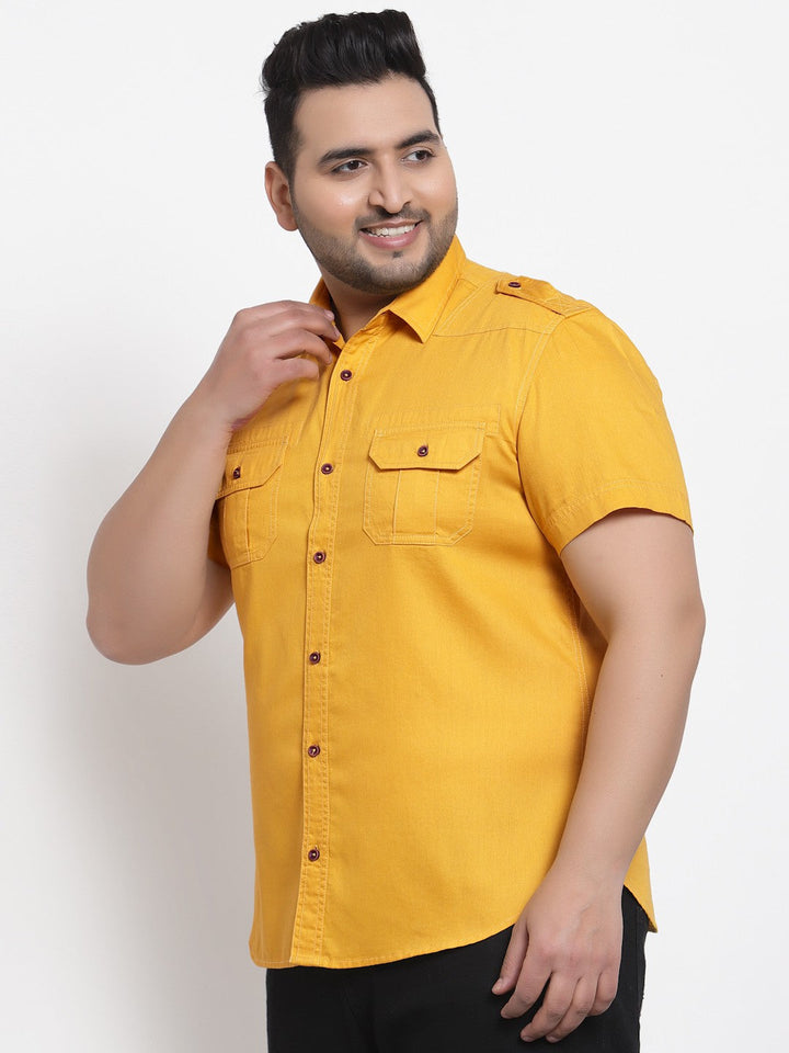 plusS Men Mustard Yellow Solid Regular Fit Cotton Casual Shirt