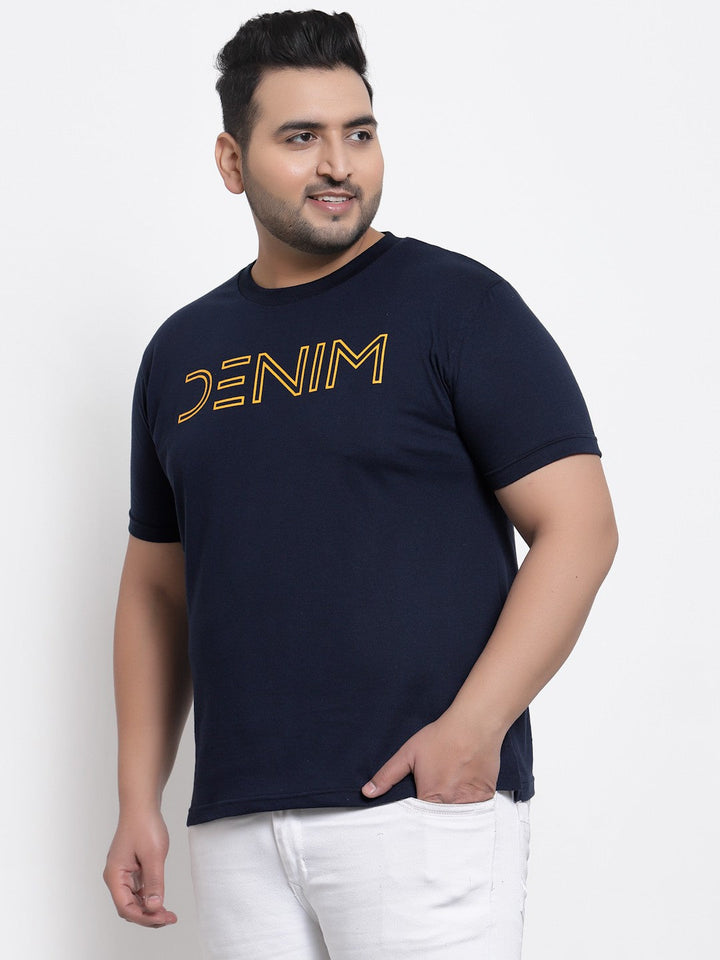 plusS Plus Size Men Navy Blue Typography Printed Regular Fit T-shirt