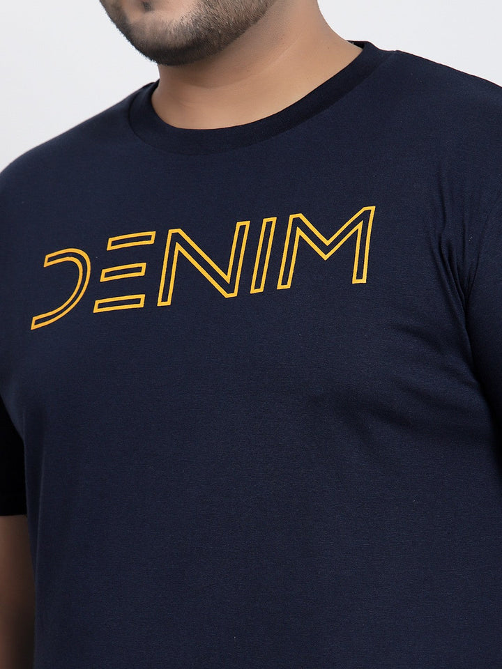 plusS Plus Size Men Navy Blue Typography Printed Regular Fit T-shirt