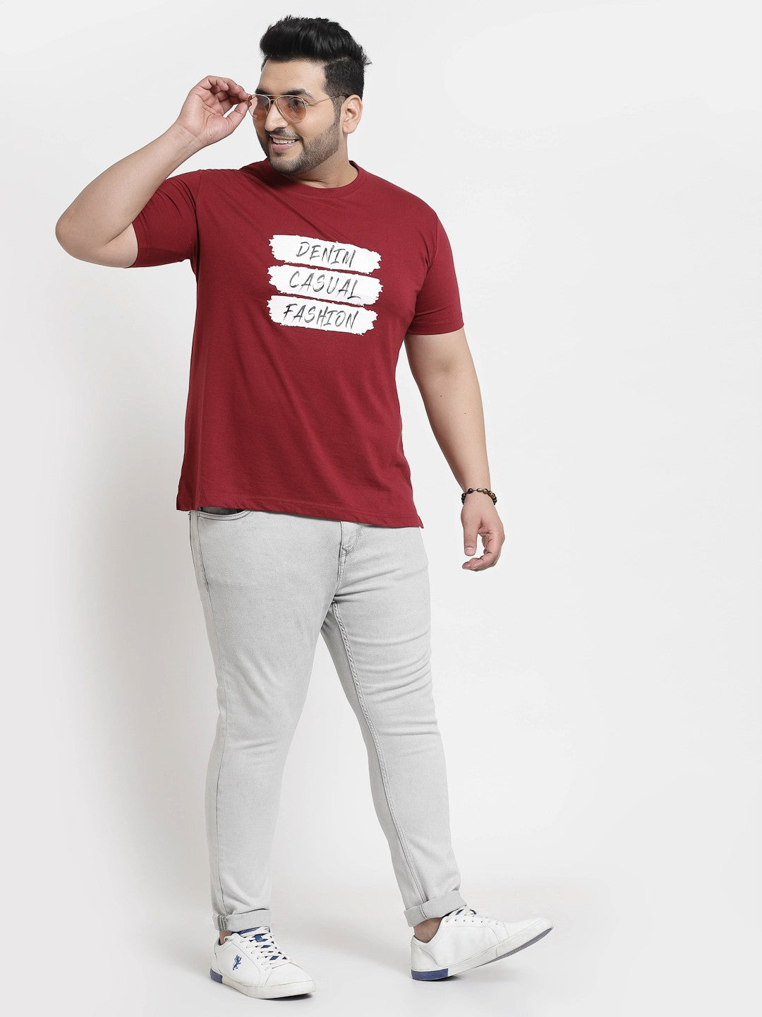 plusS Men Maroon  White Typography Printed T-shirt