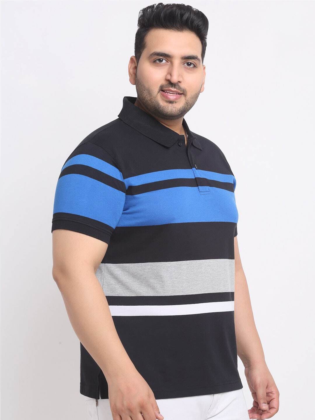 plusS Plus Size Black Striped Polo Collar Cotton T-shirt