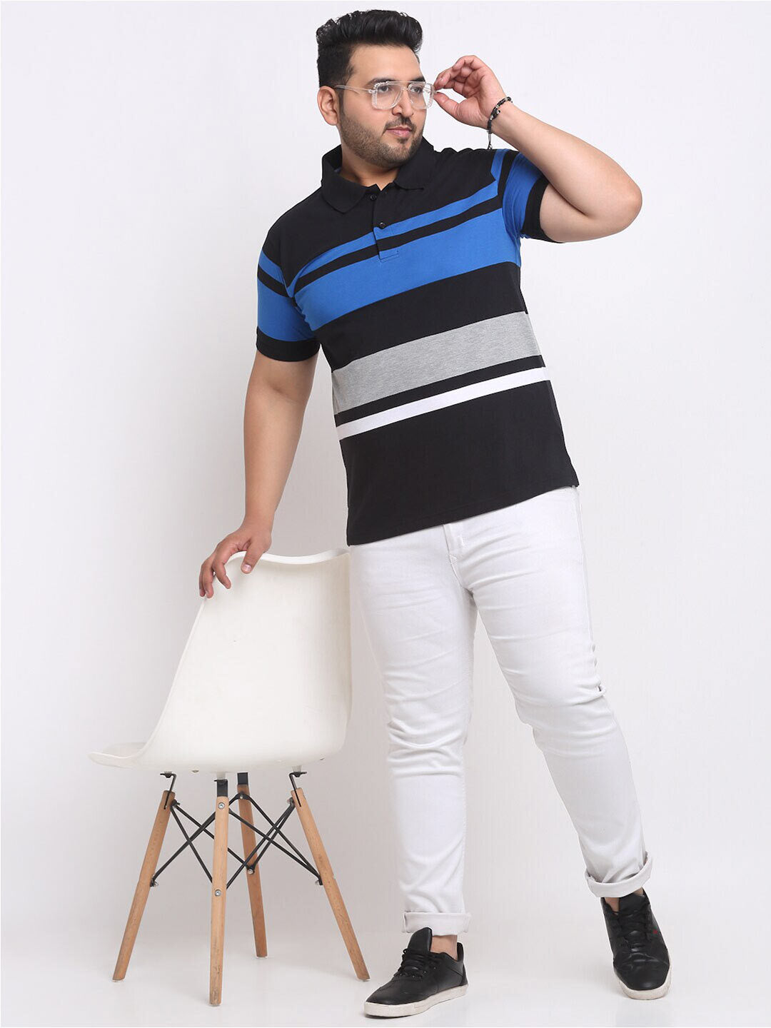 plusS Plus Size Black Striped Polo Collar Cotton T-shirt