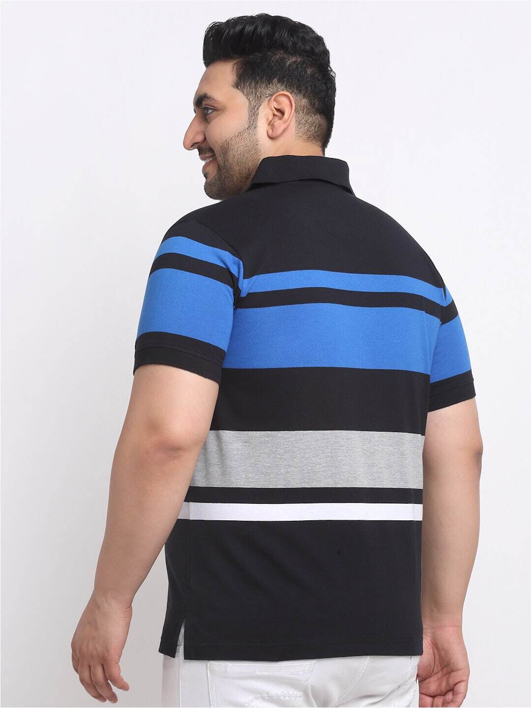 plusS Plus Size Black Striped Polo Collar Cotton T-shirt