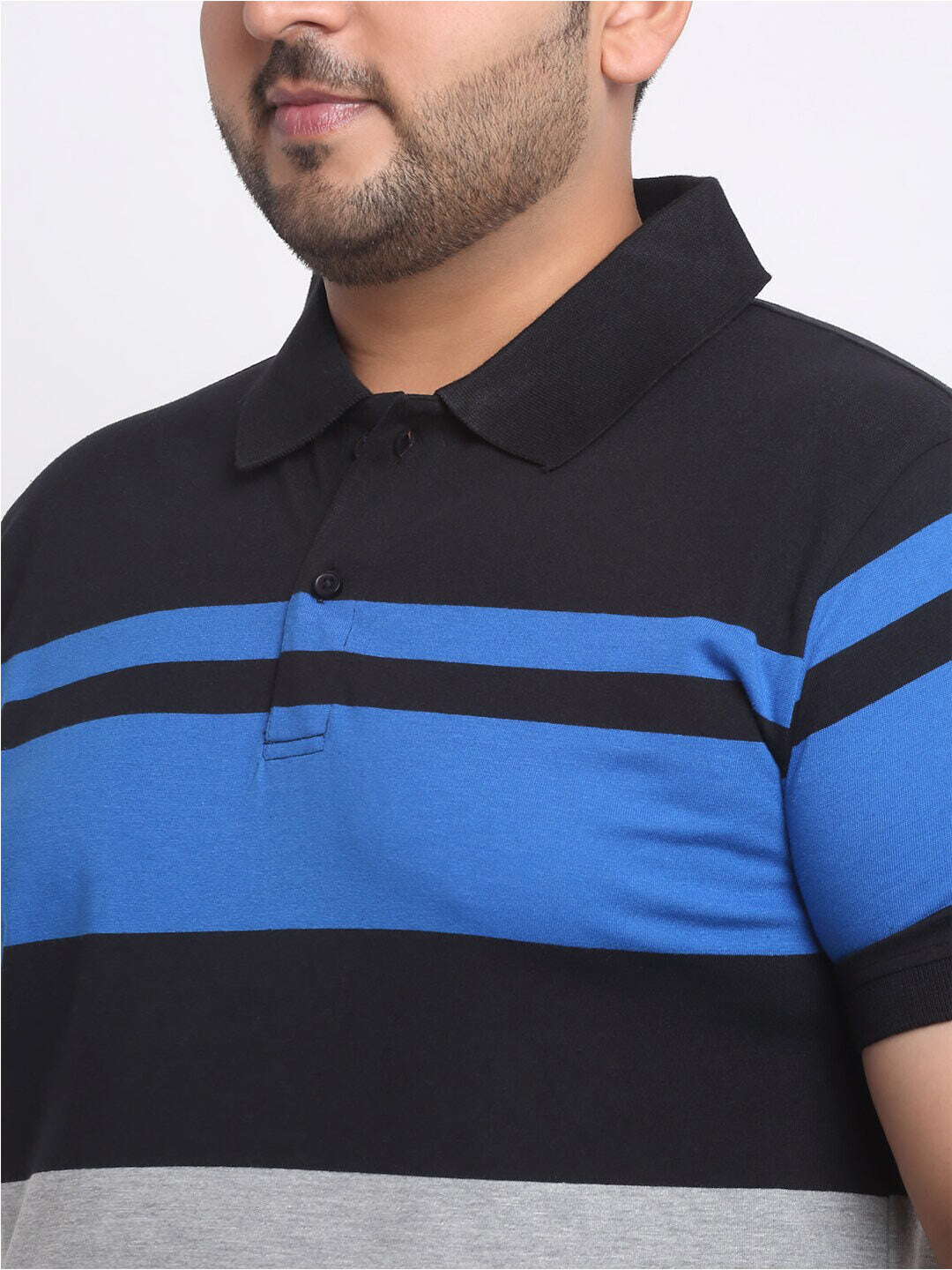 plusS Plus Size Black Striped Polo Collar Cotton T-shirt