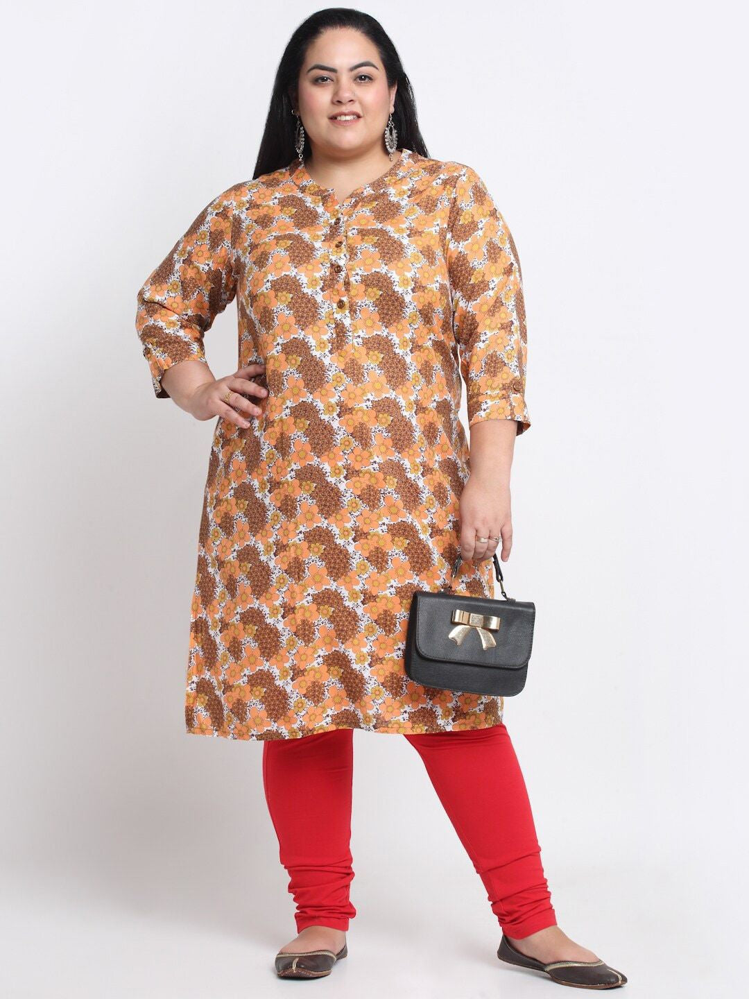 plusS Mandarin Collar Floral Printed A-Line Kurta