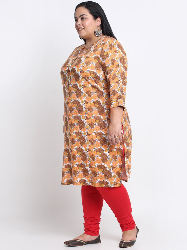 plusS Mandarin Collar Floral Printed A-Line Kurta