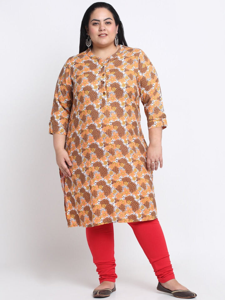 plusS Mandarin Collar Floral Printed A-Line Kurta