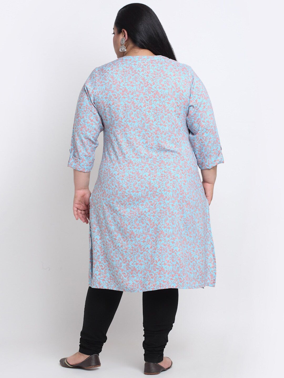 plusS Plus Size Mandarin Collar Floral Printed Straight Regular Kurta