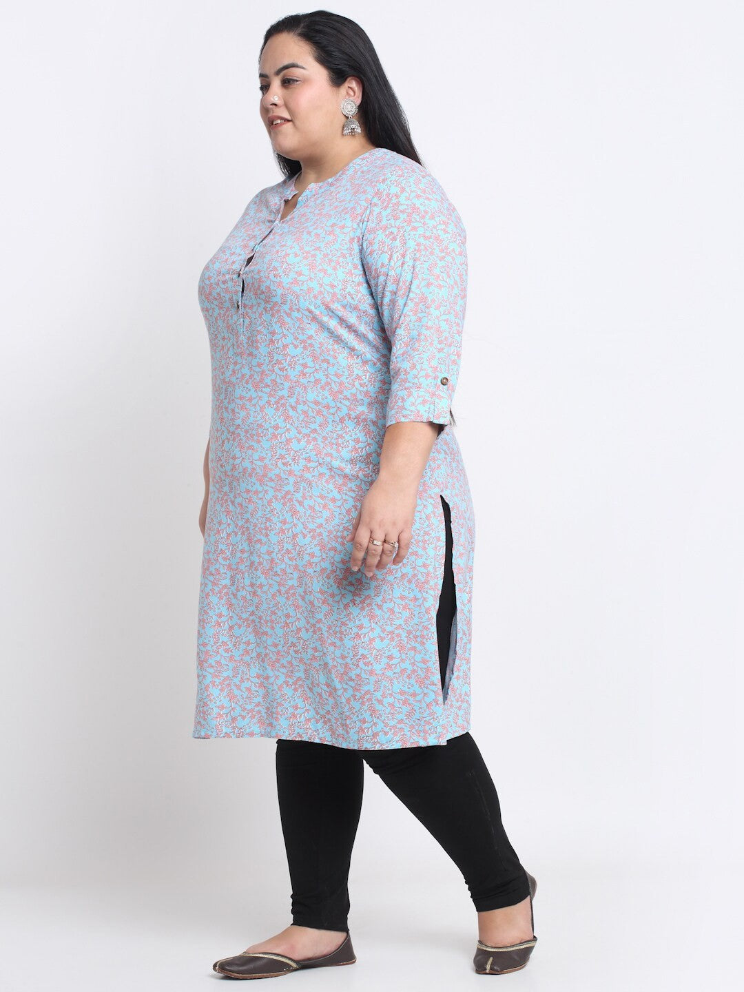 plusS Plus Size Mandarin Collar Floral Printed Straight Regular Kurta