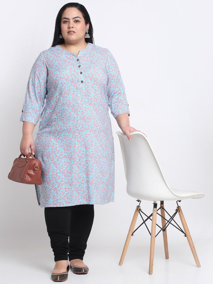 plusS Plus Size Mandarin Collar Floral Printed Straight Regular Kurta