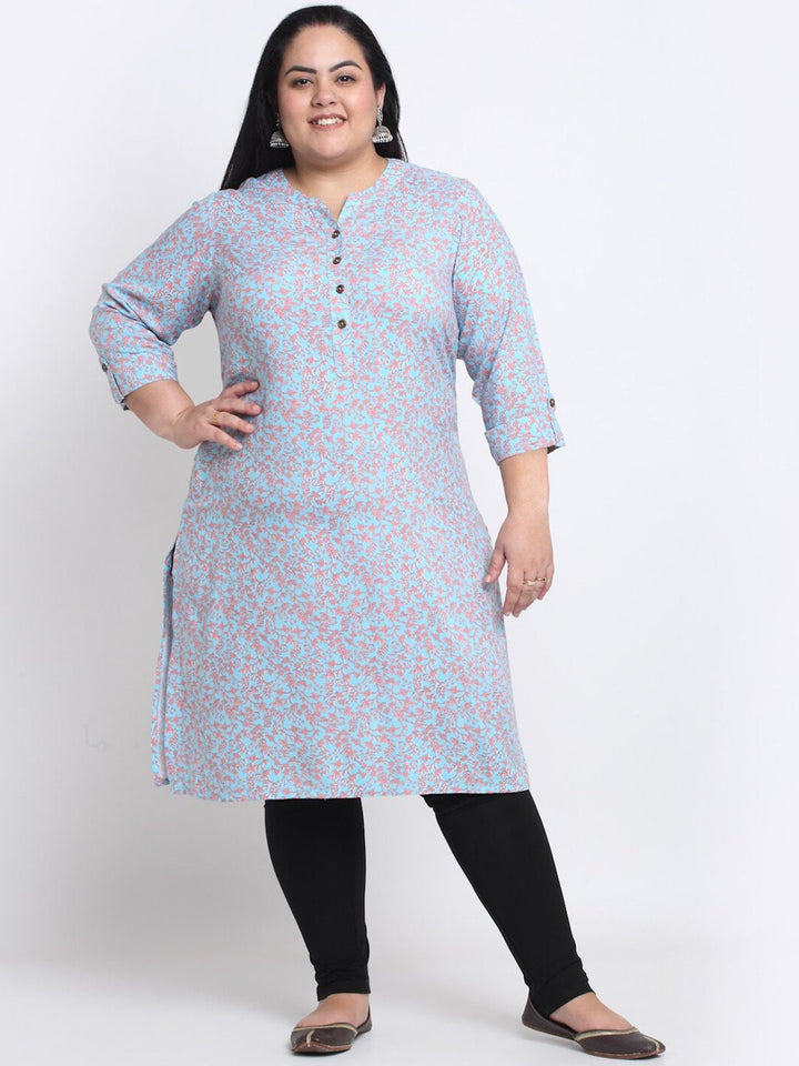 plusS Plus Size Mandarin Collar Floral Printed Straight Regular Kurta