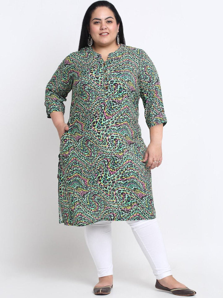 plusS Plus Size Mandarin Collar Abstract Printed Kurta