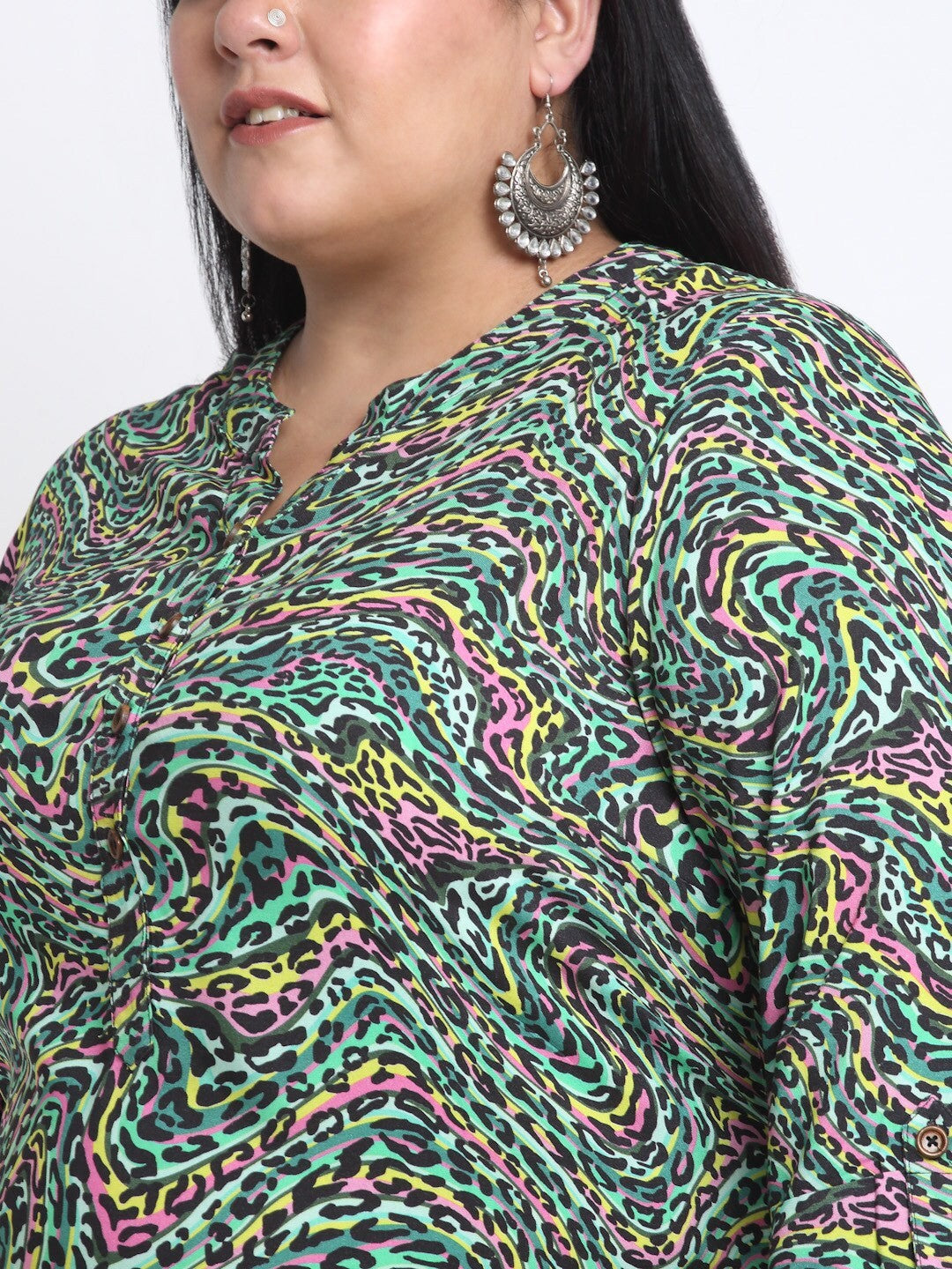 plusS Plus Size Mandarin Collar Abstract Printed Kurta