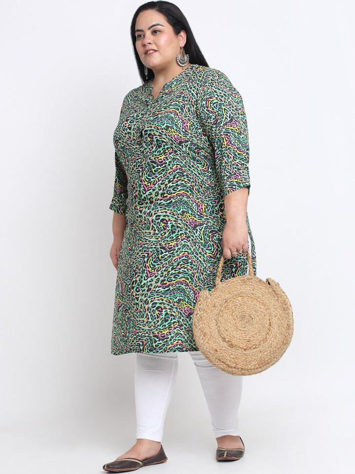 plusS Plus Size Mandarin Collar Abstract Printed Kurta