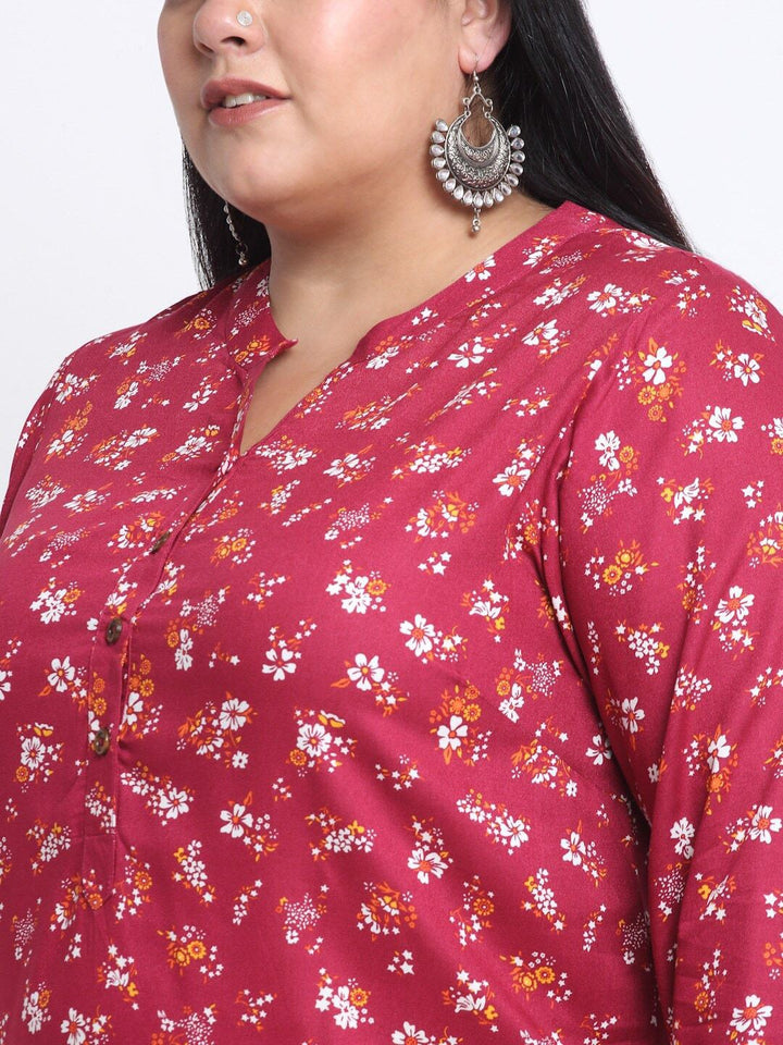 plusS Floral Printed Mandarin Collar A-Line Regular Kurta