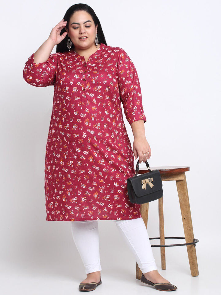 plusS Floral Printed Mandarin Collar A-Line Regular Kurta