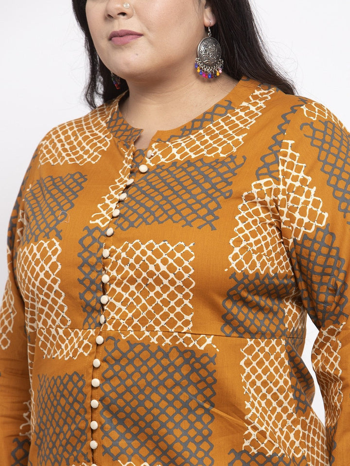 plusS Women Mustard Yellow  White Printed A-Line Kurta