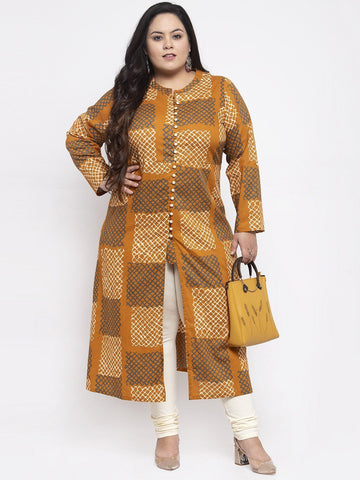 plusS Women Mustard Yellow  White Printed A-Line Kurta