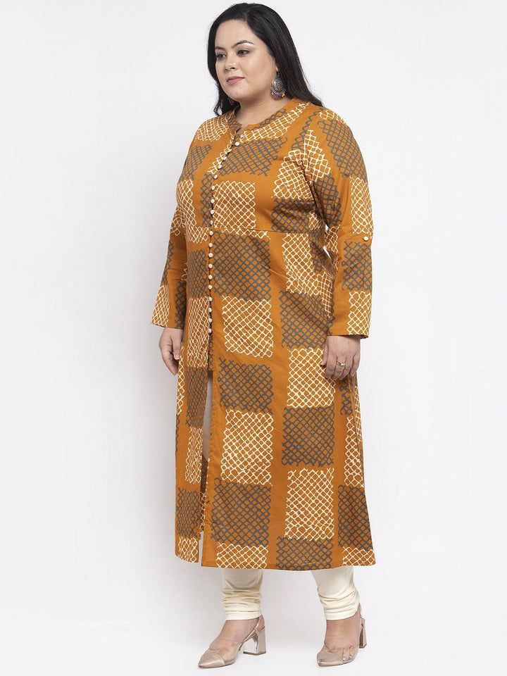 plusS Women Mustard Yellow  White Printed A-Line Kurta