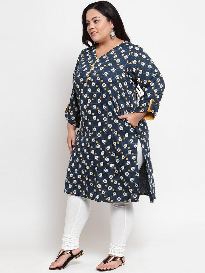 plusS Women Blue  White Geometric Printed Straight Kurta